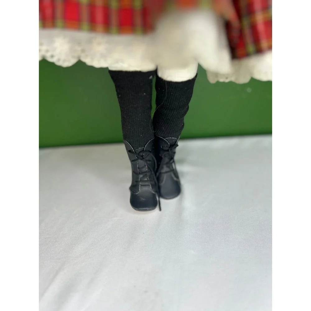 Vintage Porcelain Collectible Doll Blonde Hair Blue Eyes Red Plaid Holiday Dress